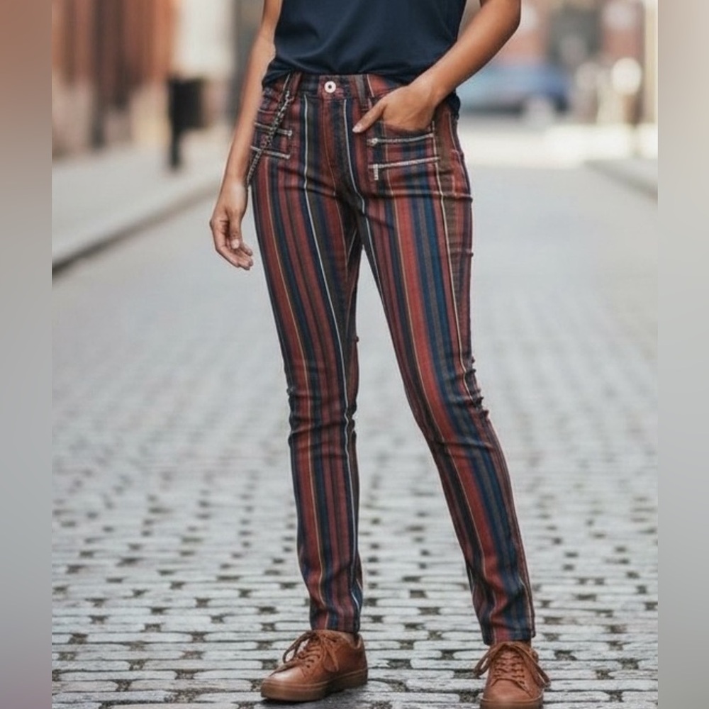 WEWOREWHAT Rocker Low Rise, Brn/Red/Blue Stripped Jeans. Size 32. NWOT